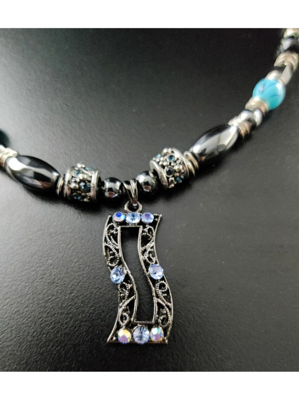 Vintage 90s Silver Art Deco Pendant Necklace Blue AB Crystals Rhinestones 18" - Picture 2 of 6